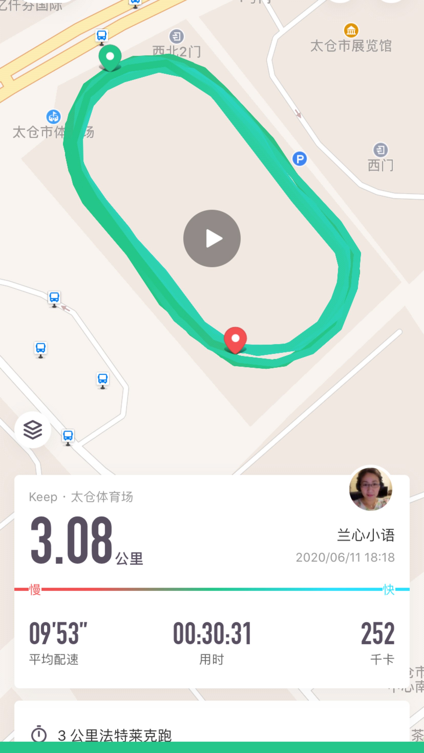 今天继续3公里法特莱克跑,刚开始跑感觉有点吃力,担心今天能否成功跑