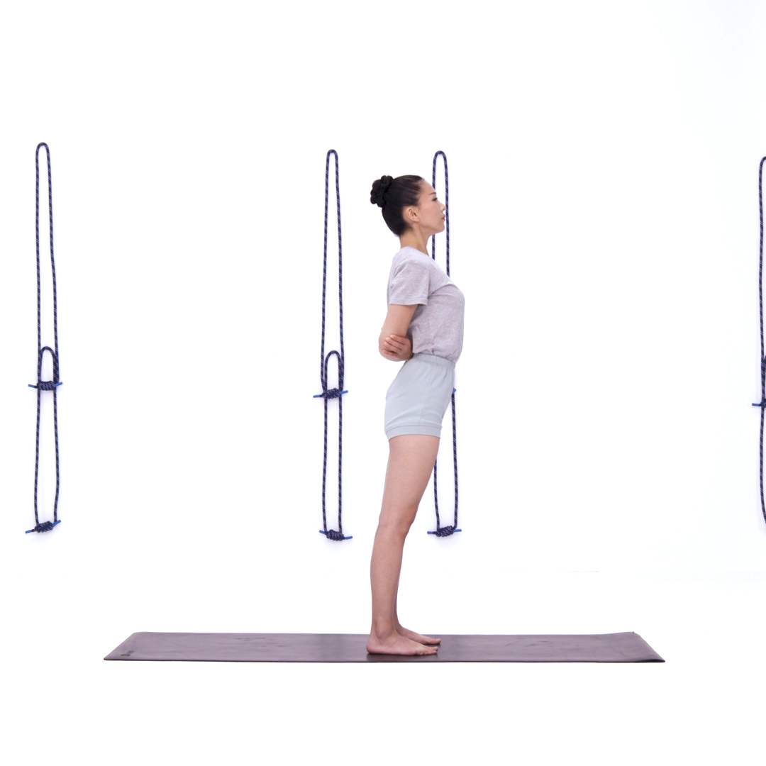 胸腔上提,延展躯干 双臂在背后弯曲,双手互抱对侧手肘 吸气,转动双肩