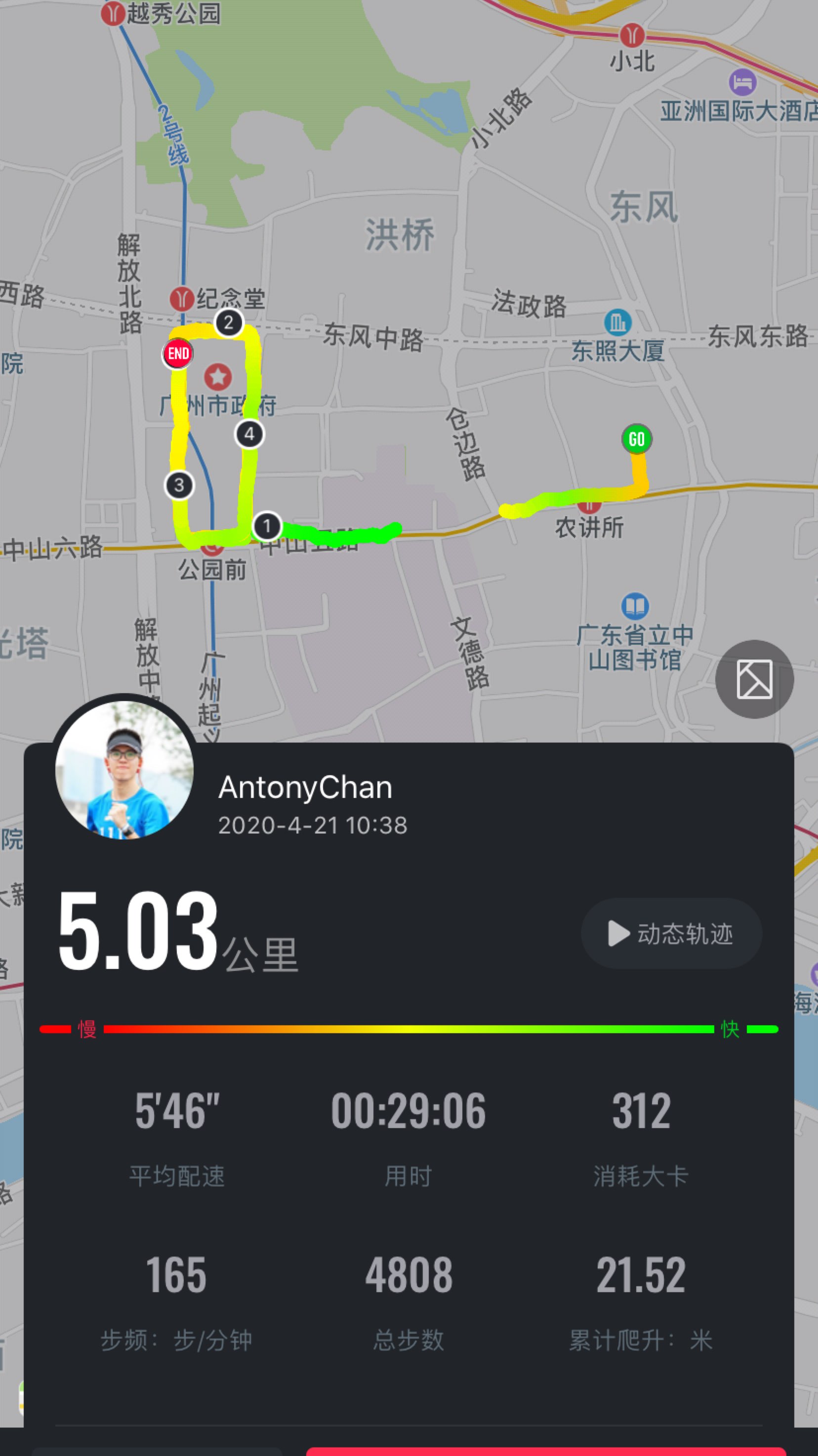 完成户外跑步5.18公里, 29分52秒  完成 人民公园环线  开启跑步实况