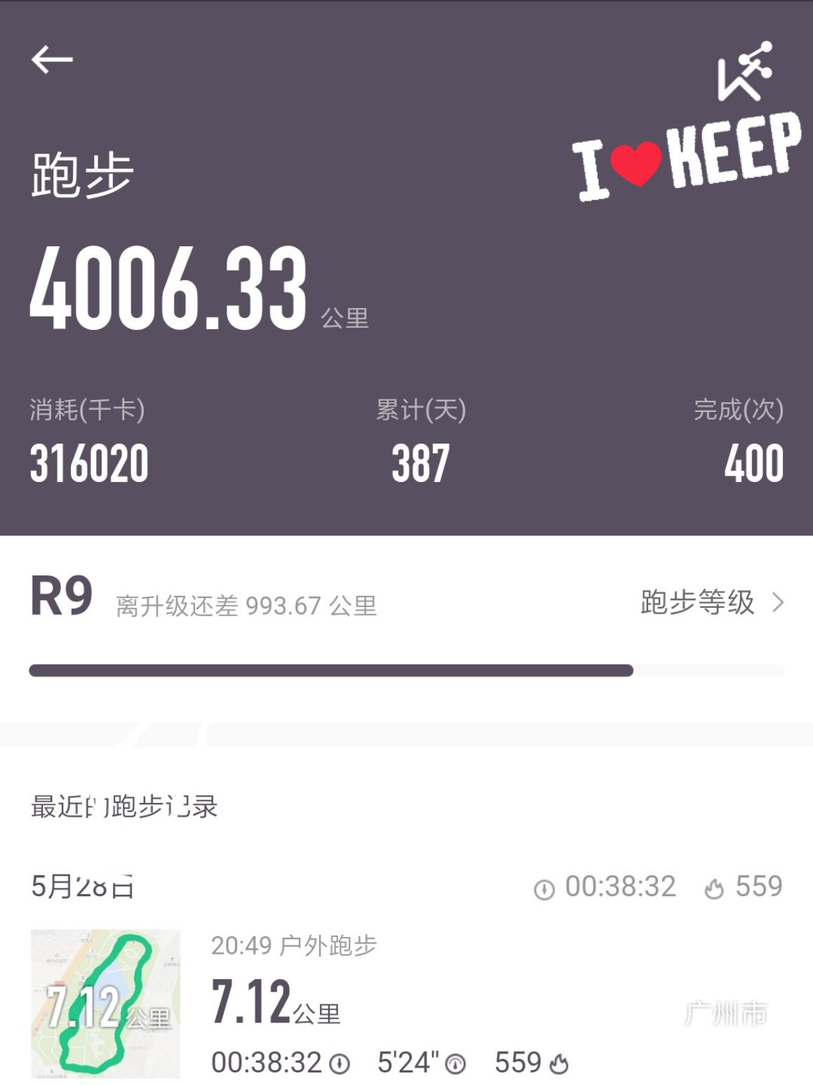 keep跑步破400次,总里程破4000km啦_keep